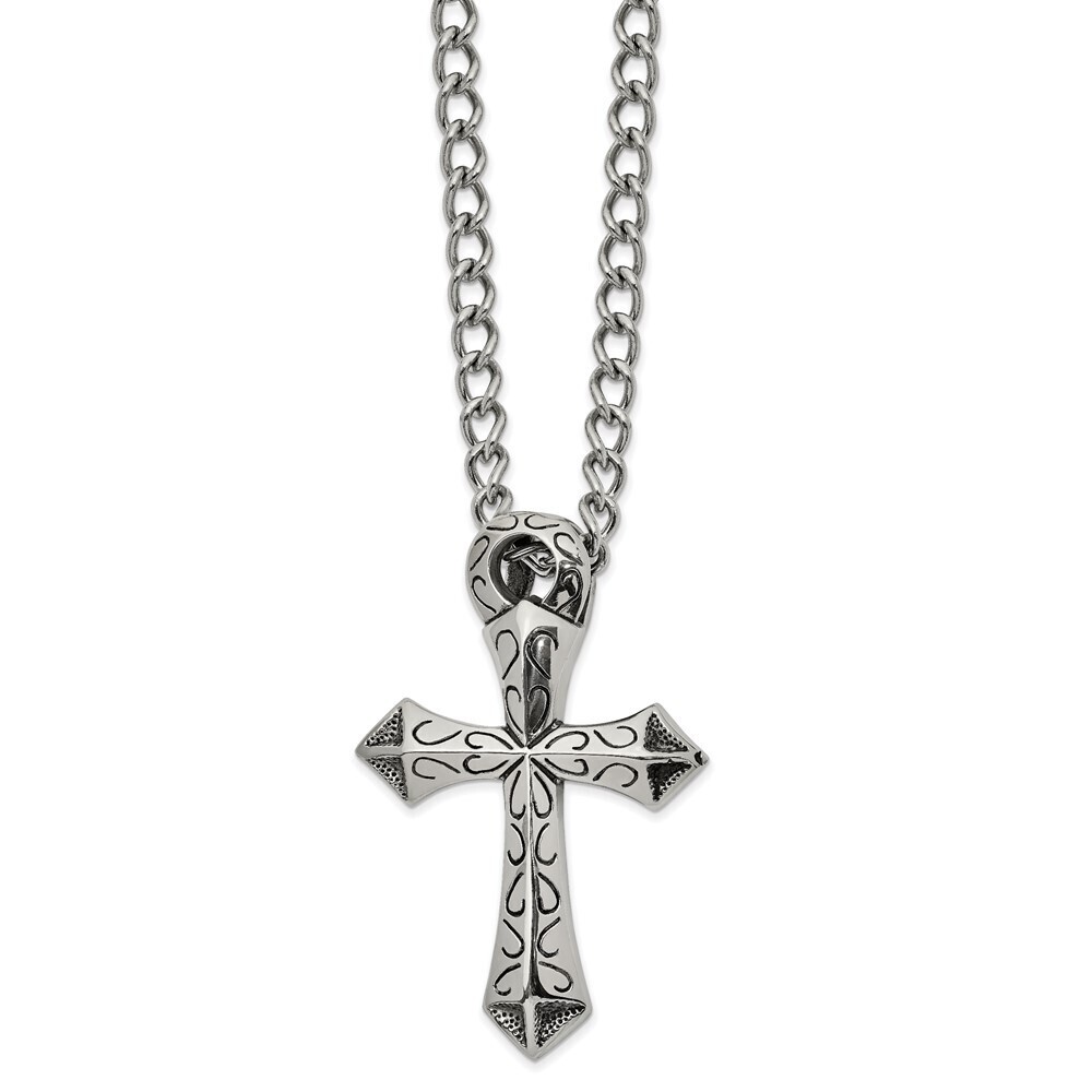 Stainless Steel Antiqued And Polished Cross Slide 24in Necklace